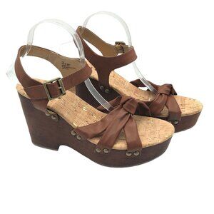 Korks Brown Cork Dawson Wedge Sandals Ankle Strap & Bow Faux Leather 11 M